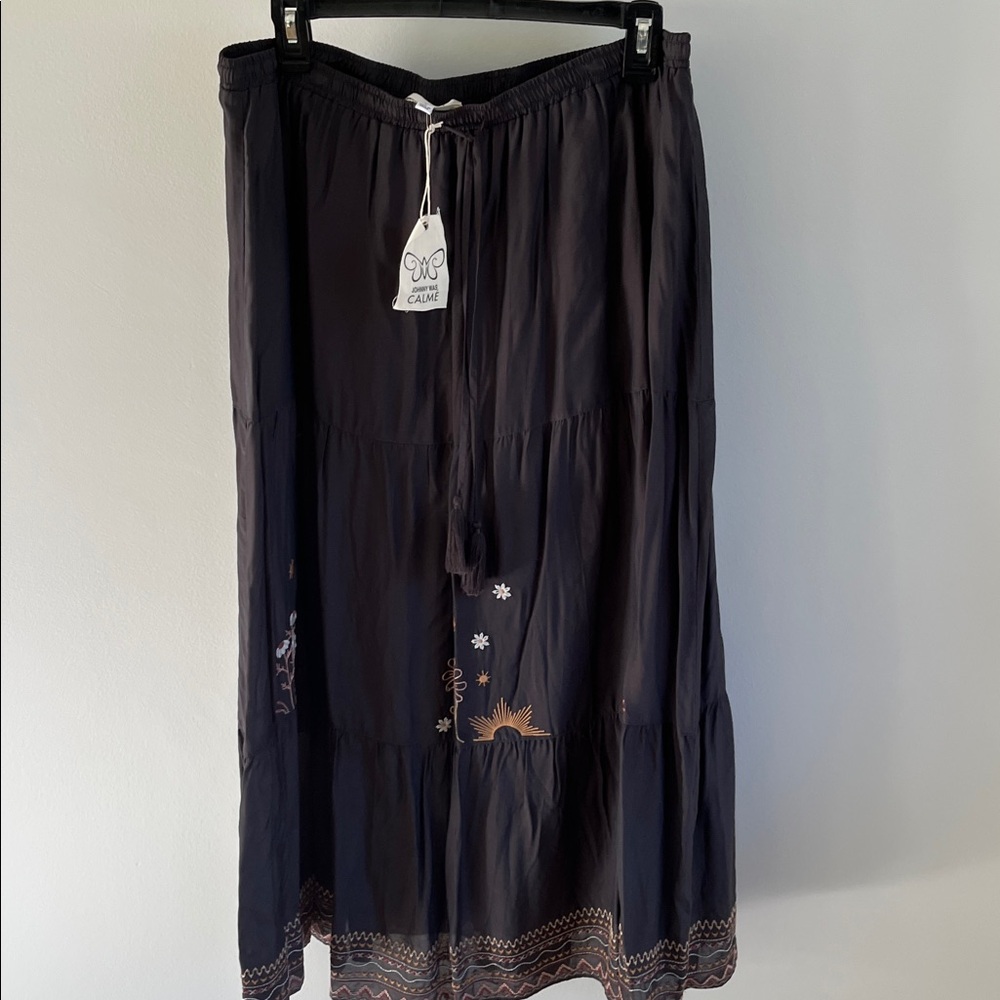 NWT Johnny Was Calme Embroidered Maxi Tiered Skirt Black Size Large